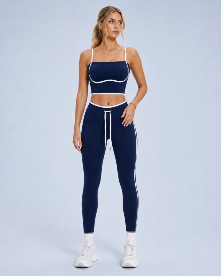 Navy contrast piping crop top and leggings set — front view in hero color