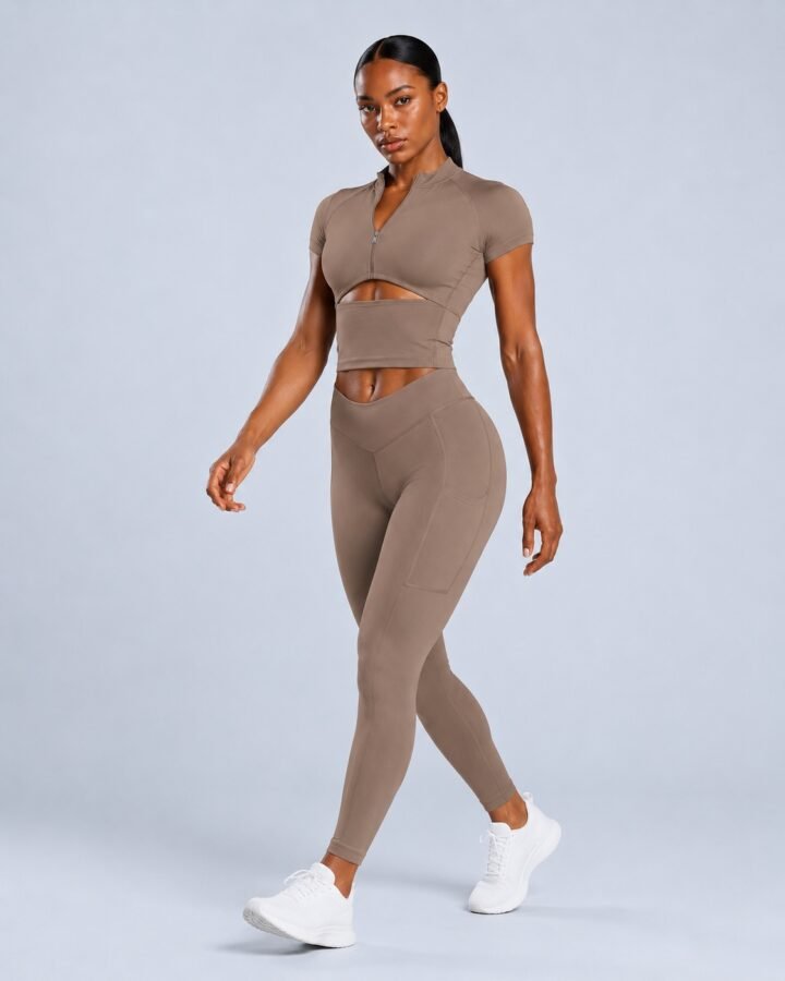 Zip-front cutout crop top with V-waist pocket leggings — black training set