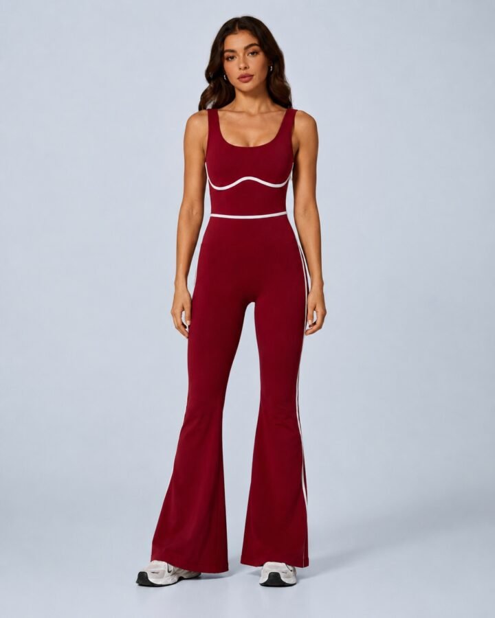 Crimson red seamless scoop-back flare jumpsuit — front view with white piping and bell-bottom legs