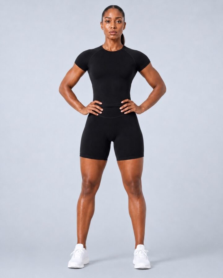 Seamless short-sleeve crew-neck training set — raglan shoulder compression top with matching shorts