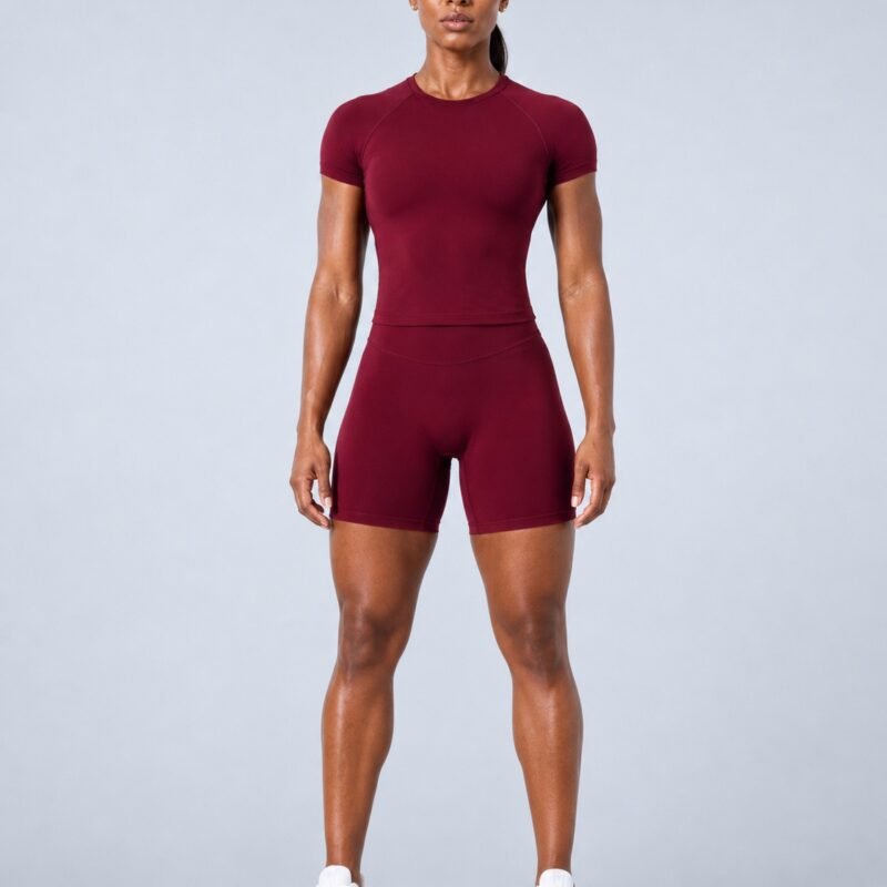 Crimson berry seamless short-sleeve crew-neck training set — front view