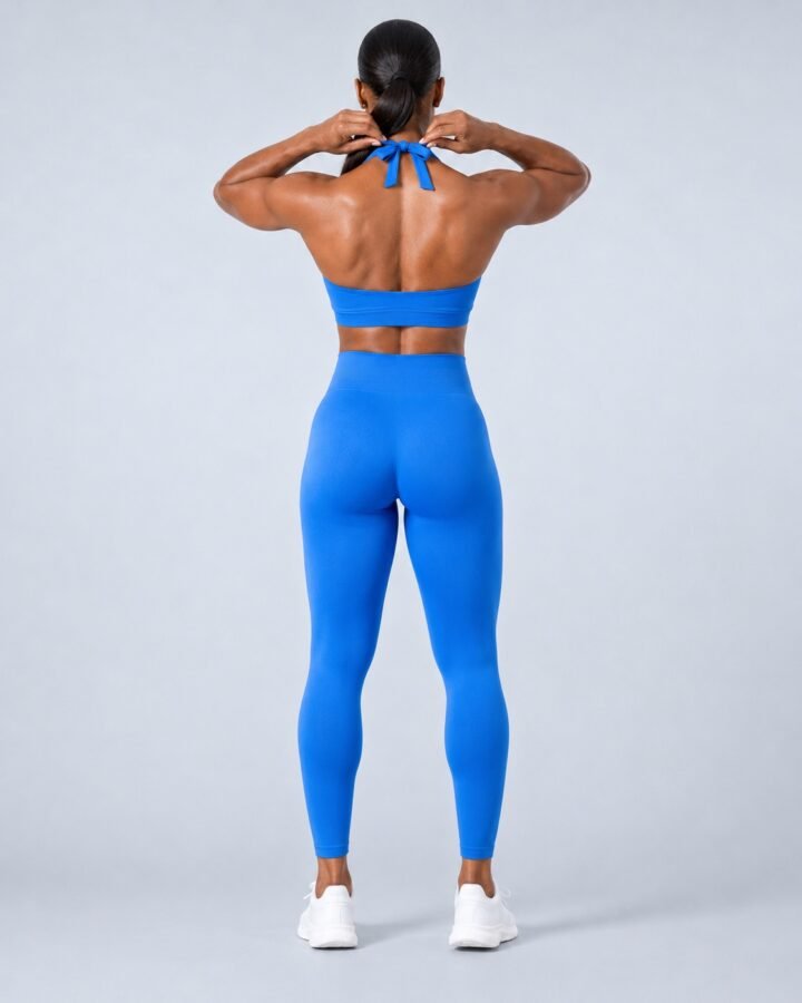 Seamless halter training top and high-waist leggings set — royal blue with scoop front and open back