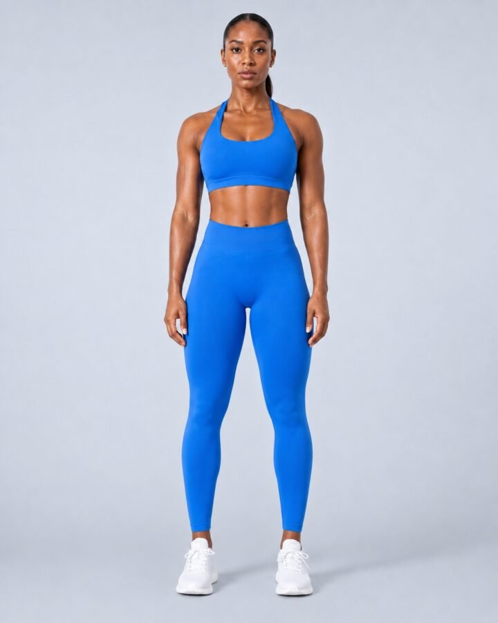 Royal blue seamless halter training top and high-waist leggings set — front view
