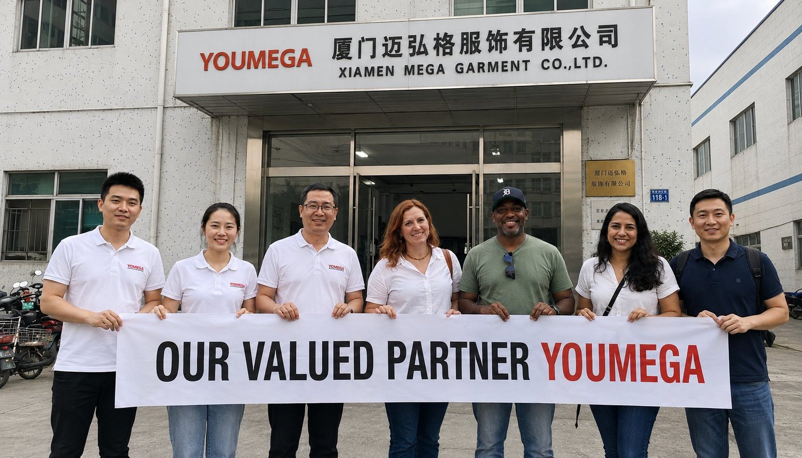 Equipo de YOUMEGA y clientes internacionales en la sede de Xiamen