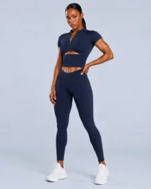 Zip-Front Cutout Crop Top & V-Waist Pocket Leggings Set gallery image 7 - YOUMEGA private label activewear