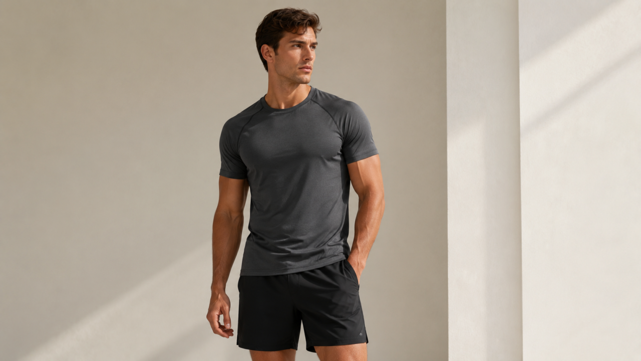 Male model in a fitted performance training tee and athletic shorts — private-label men's activewear manufacturing