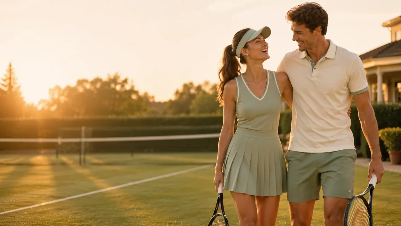 Coordinated couples tennis outfits courtside