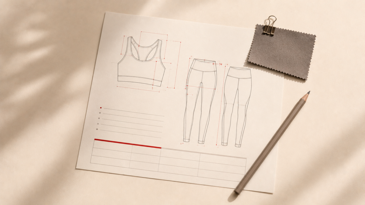 Activewear tech pack guide cover showing garment specification sheets and design details