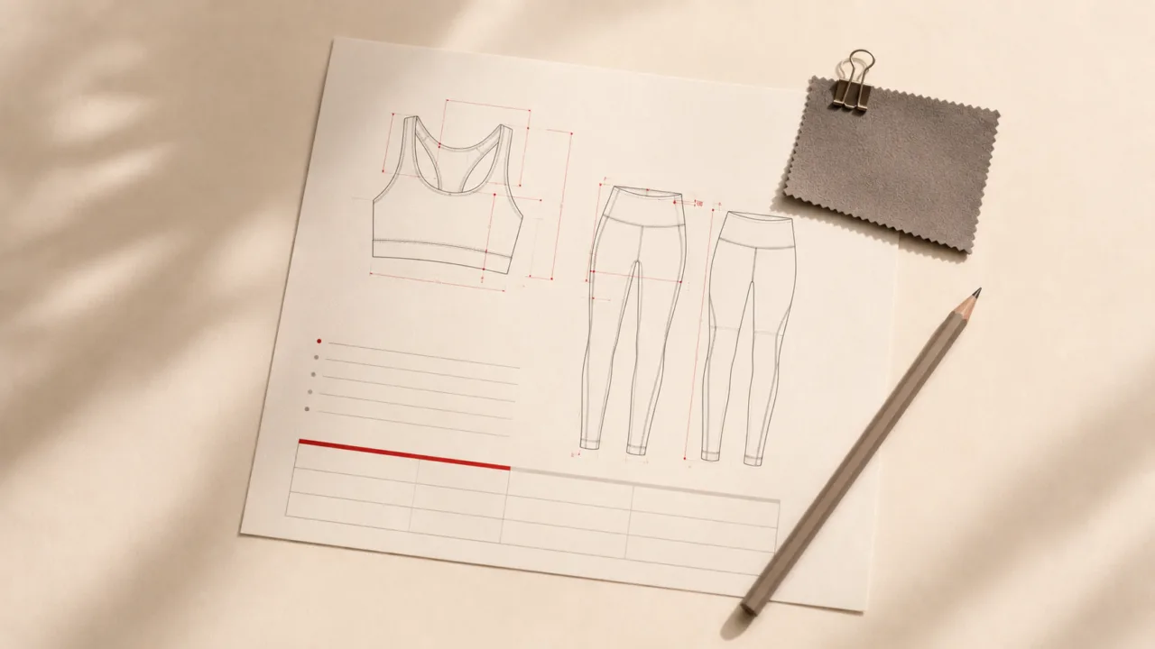 Activewear tech pack guide cover showing garment specification sheets and design details
