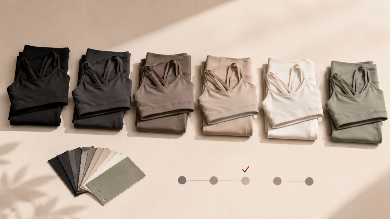 Private-label activewear manufacturer comparison cover with sports bra sets and neutral colorways