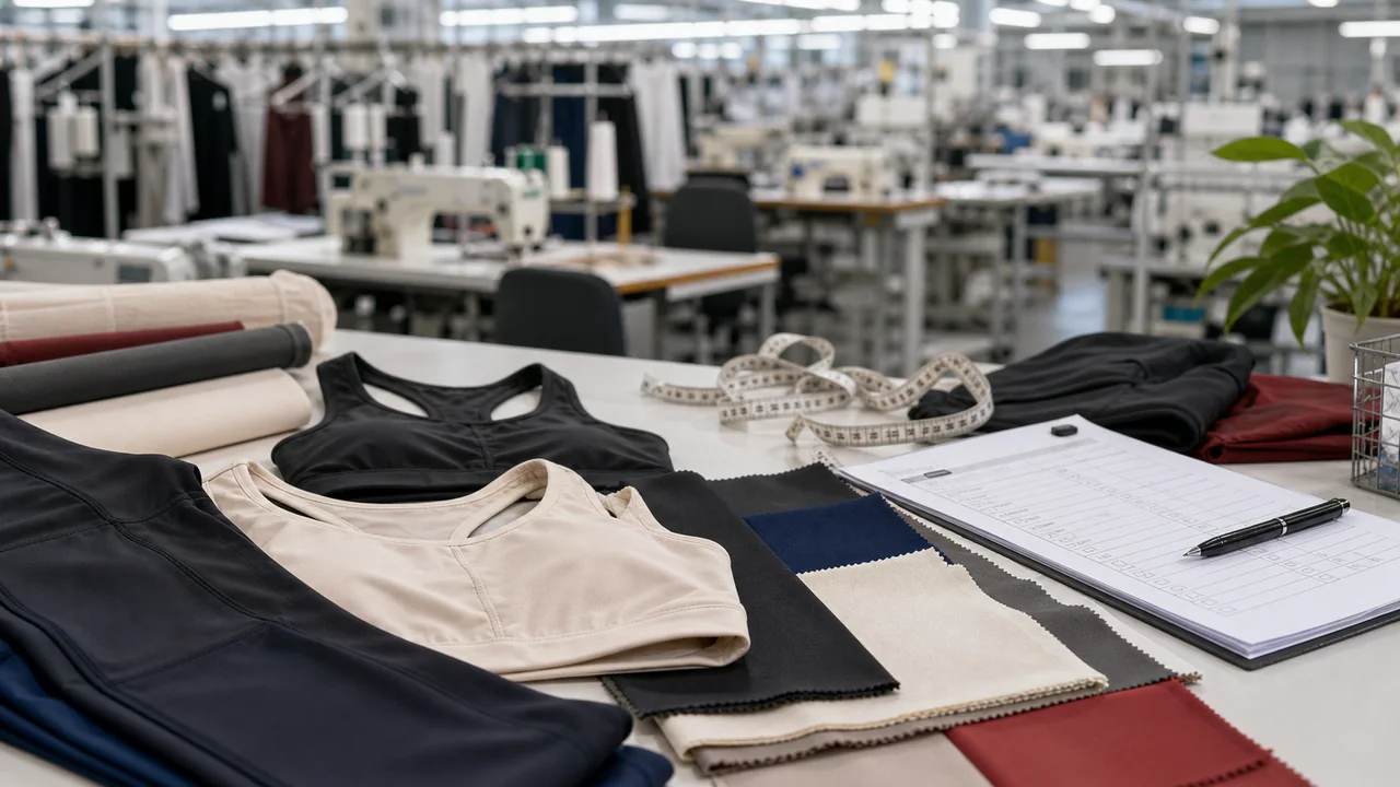 Yoga wear manufacturing sourcing desk with activewear samples, fabric swatches and factory background