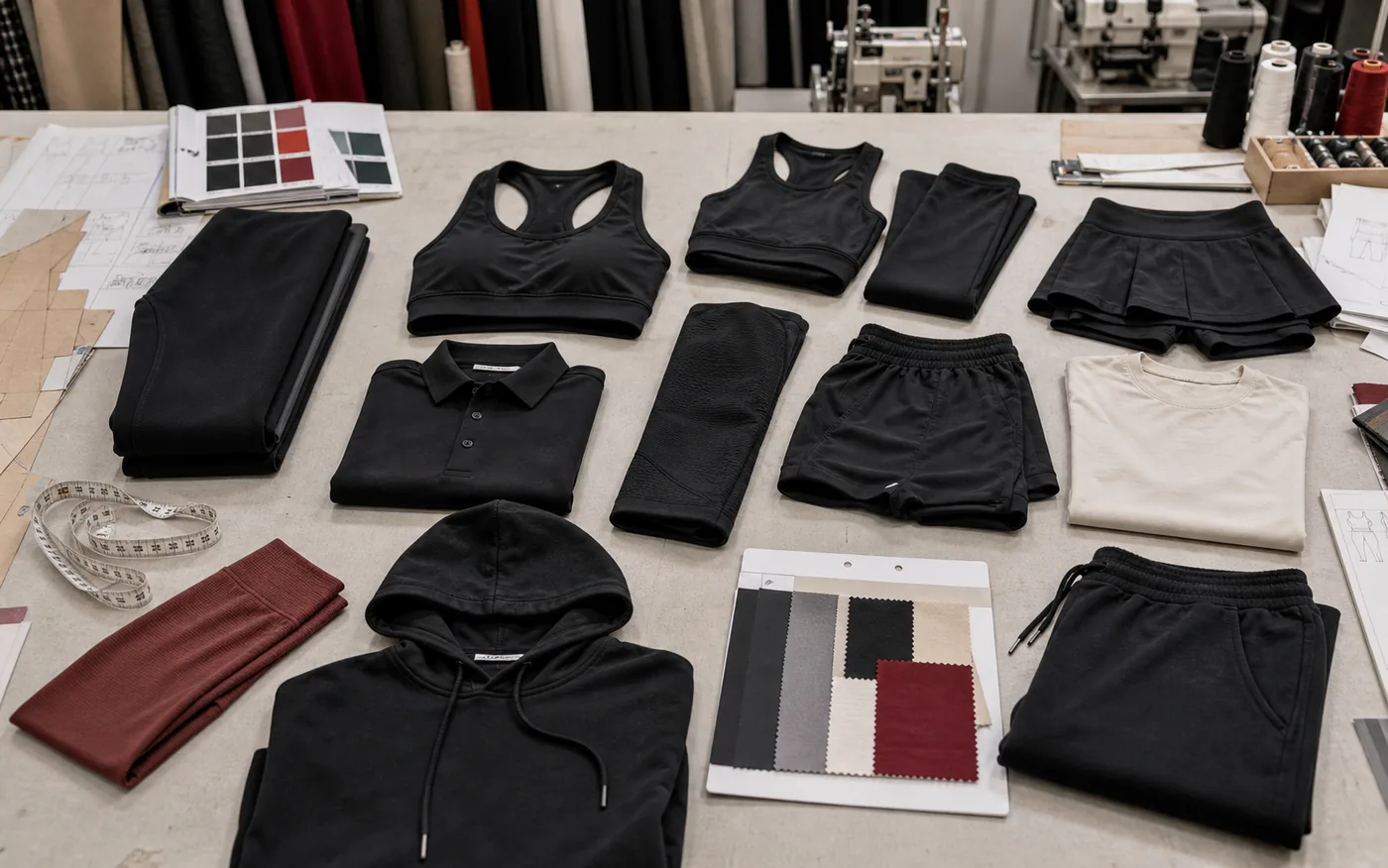 YOUMEGA activewear production samples on the factory table — sports bras, leggings, hoodie, shorts, tennis skirt and tops with fabric swatches, Pantone cards and tech-pack sketches