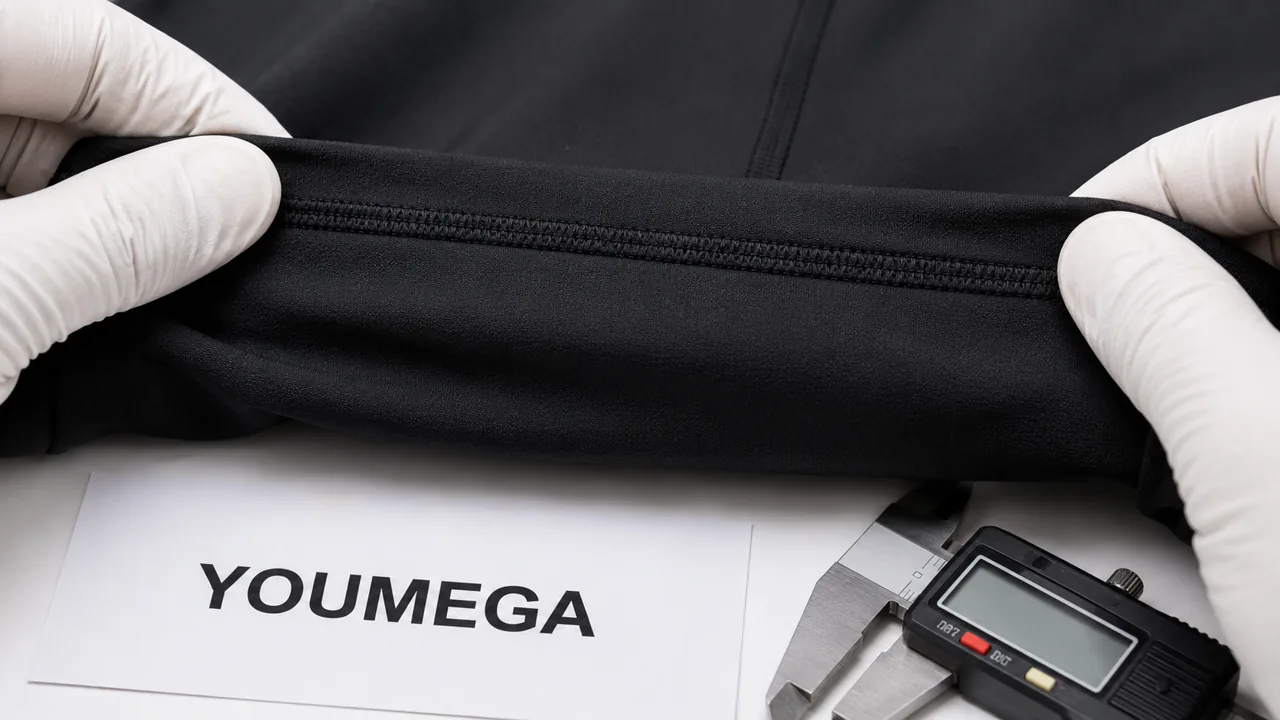 YOUMEGA technician measuring activewear fabric thickness and GSM with a digital caliper