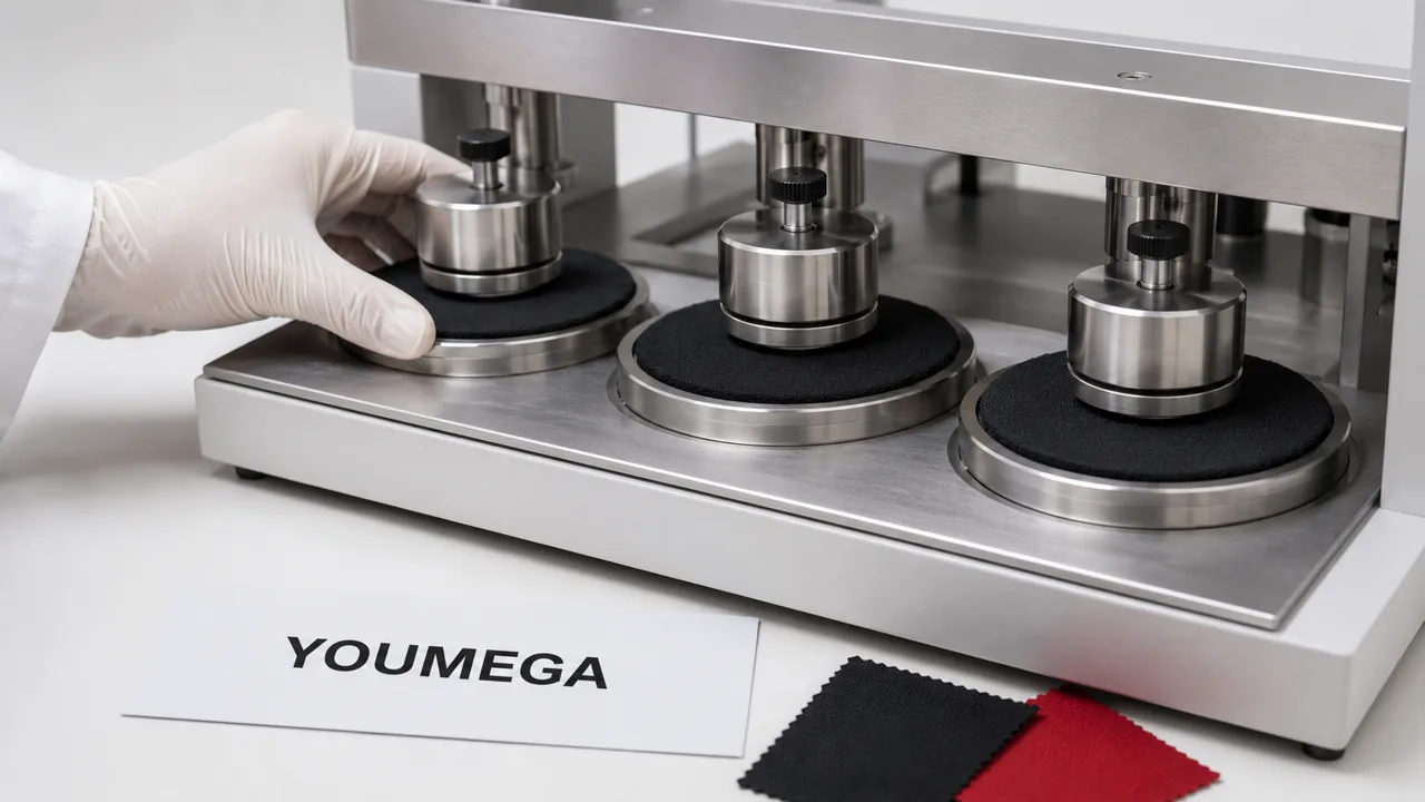 Activewear fabric undergoing abrasion and colorfastness testing on a lab machine at YOUMEGA