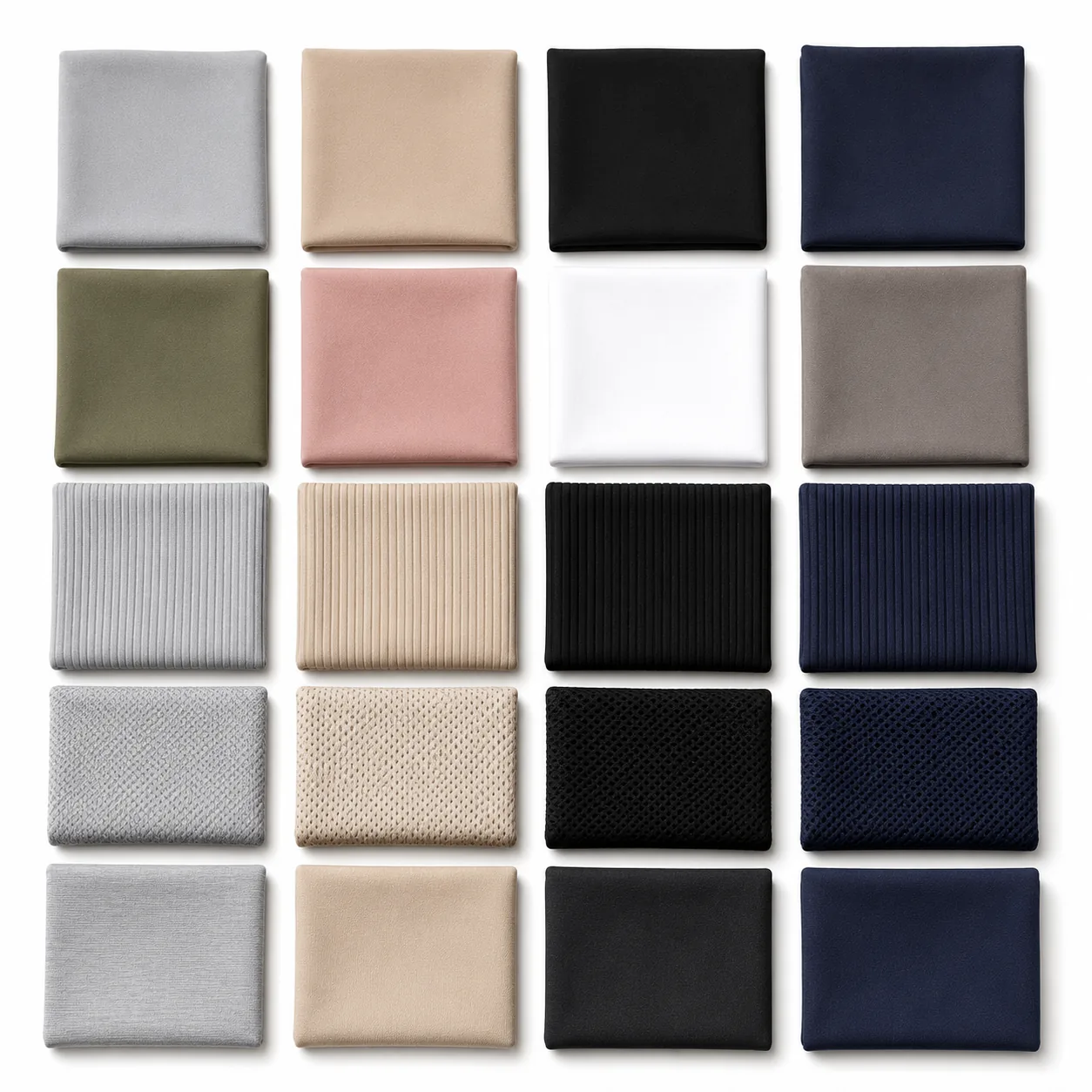 Grid of YOUMEGA activewear fabric swatches in different weights, colors and textures