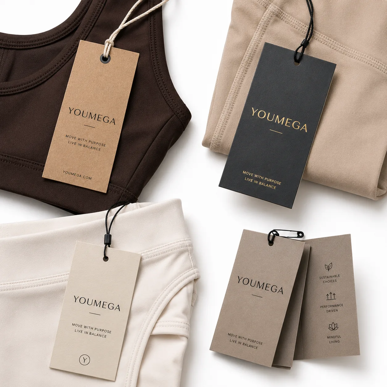 YOUMEGA private-label labeling options: woven damask label, printed satin label and heat-transfer tagless print