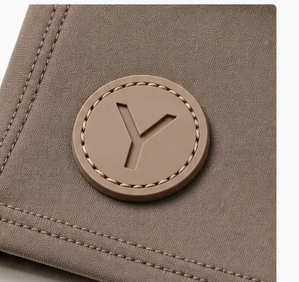 Rubber patch YOUMEGA logo on activewear fabric