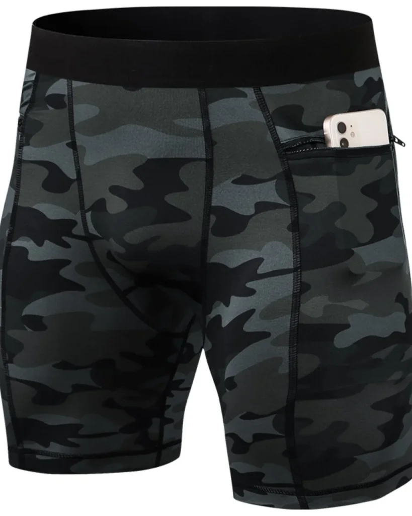 Men'S Compression Fitness Shorts With Zipper Pockets - Camouflage Black