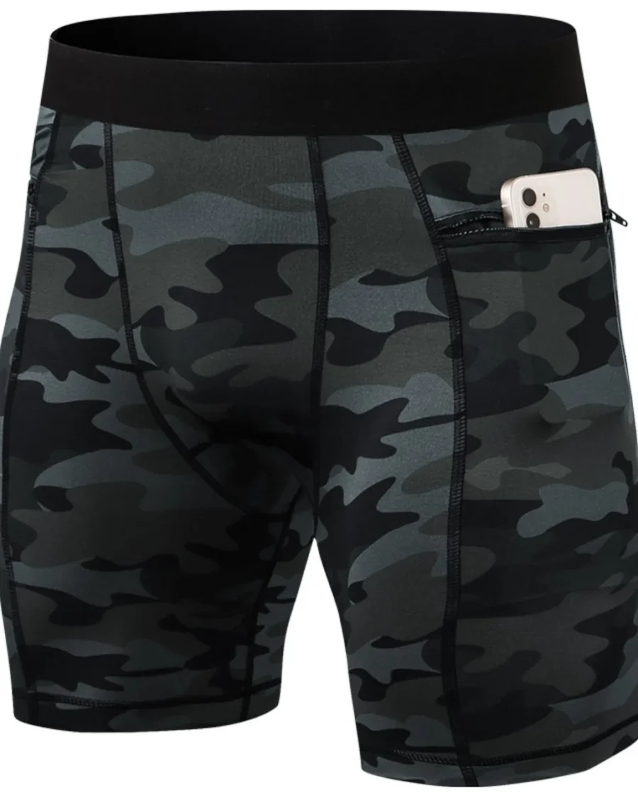 Men'S Compression Fitness Shorts With Zipper Pockets - Camouflage Black