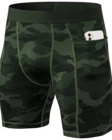 Men'S Compression Fitness Shorts With Zipper Pockets - Camouflage Green