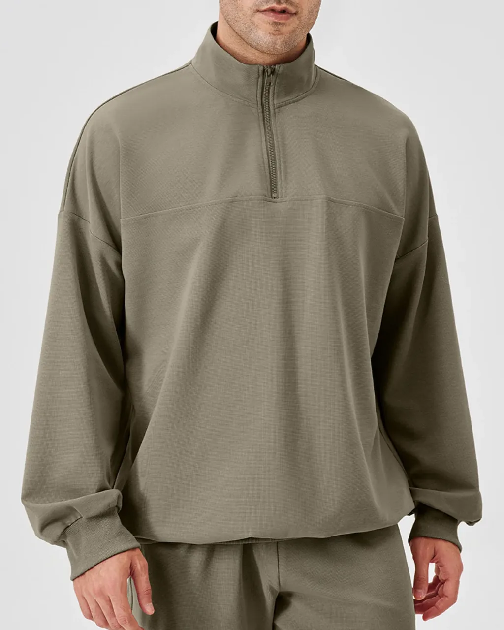 Sudadera Deportiva Para Hombre Otoño-Invierno Con Cuello Alto Y Cremallera Parcial - caqui