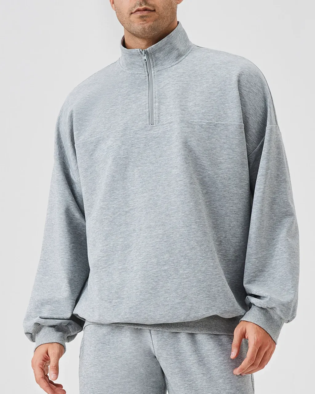 Sudadera Deportiva Para Hombre Otoño-Invierno Con Cuello Alto Y Cremallera Parcial - gris claro