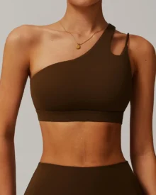 One Shoulder Irregular Back Sports Bra - Brown