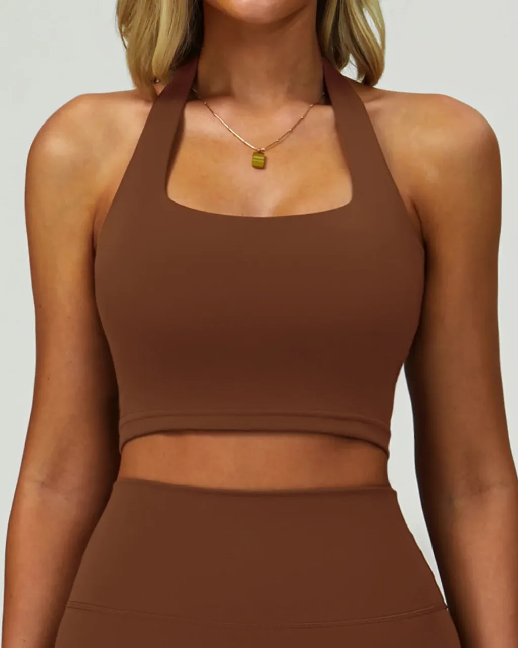 Halter Gather Back Quick Dry Sports Bra - Auburn Brown