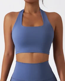 Halter Gather Back Quick Dry Sports Bra - Blue