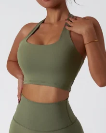 Halter Gather Back Quick Dry Sports Bra - Olive
