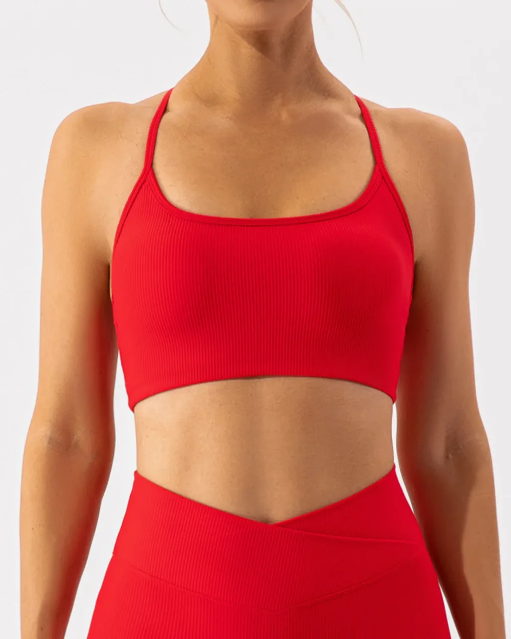 Ribbed Cross Back Shockproof Yoga Bra - Red