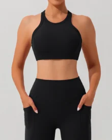 Ribbed Crisscross Back Sports Bra - Black