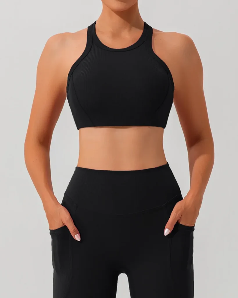 Ribbed Crisscross Back Sports Bra - Black