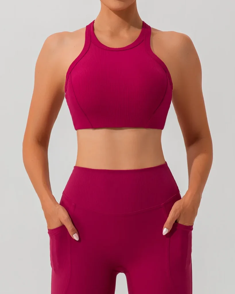 Ribbed Crisscross Back Sports Bra - Fuchsia
