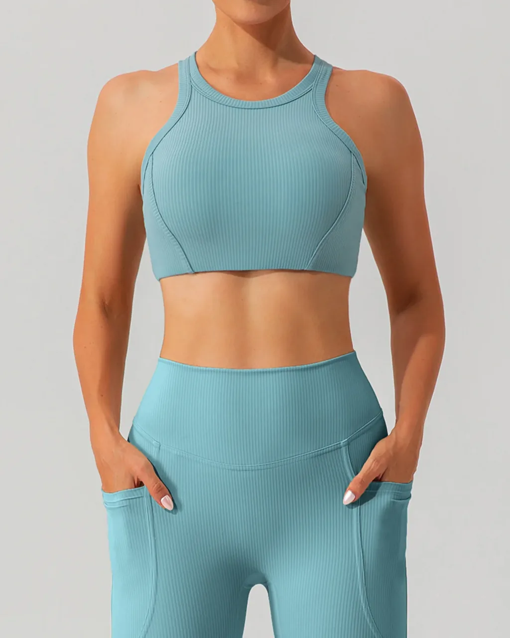 Sujetador Deportivo Con Espalda Cruzada Y Textura Rizada - verde azulado