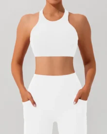 Ribbed Crisscross Back Sports Bra - White