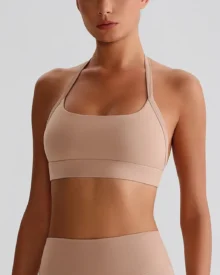 Halter Bandeau Cross Back Yoga Bra - Peach Beige