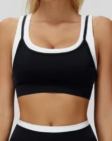 Ribbed Color Block Fake Two-Piece Naked Sports Bra - Black