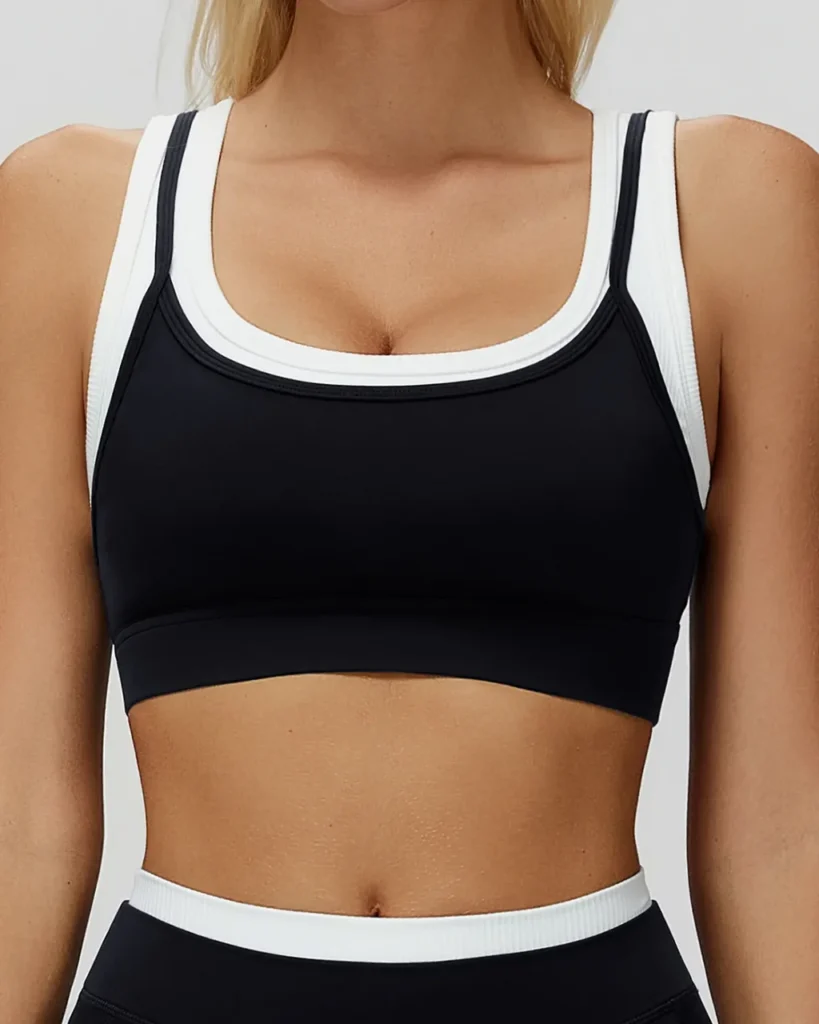 Ribbed Color Block Fake Two-Piece Naked Sports Bra - Black