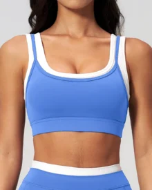 Ribbed Color Block Fake Two-Piece Naked Sports Bra - Blue