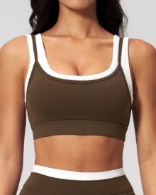 Ribbed Color Block Fake Two-Piece Naked Sports Bra - Brown