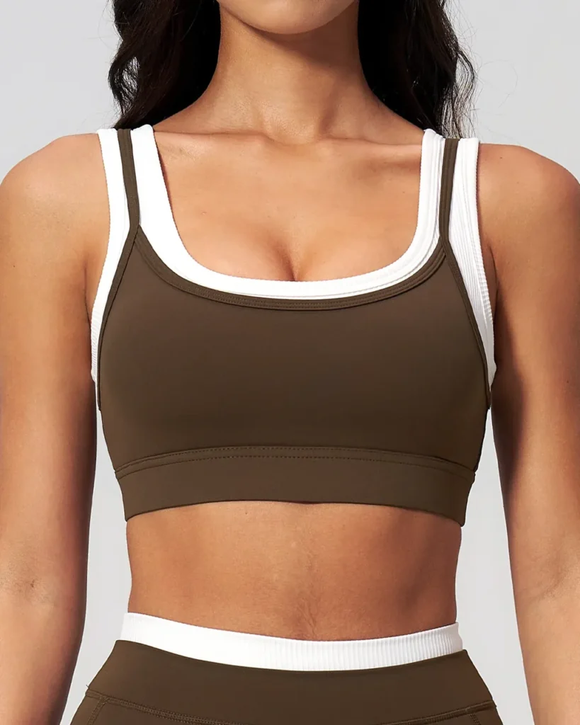 Ribbed Color Block Fake Two-Piece Naked Sports Bra - Brown