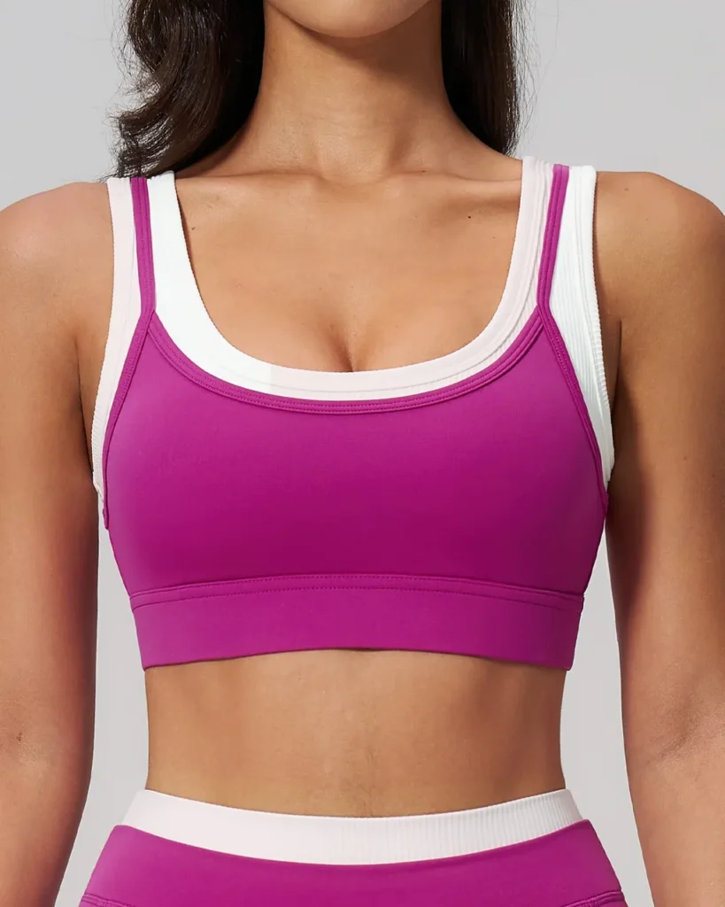 Ribbed Color Block Fake Two-Piece Naked Sports Bra - Magenta