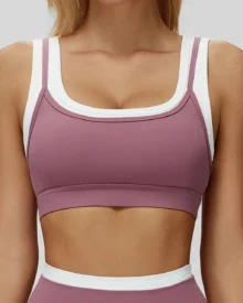 Ribbed Color Block Fake Two-Piece Naked Sports Bra - Purple