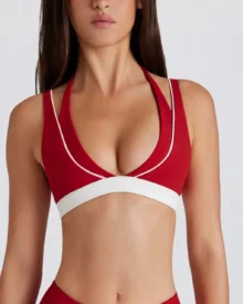 Color Block Fake Two-Piece Halter Bra - Red