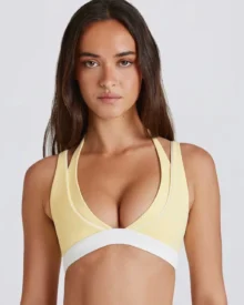 Color Block Fake Two-Piece Halter Bra - Yellow