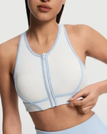 Zip Color Block Nude Sports Bra - Blue