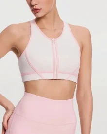 Zip Color Block Nude Sports Bra - Light Pink