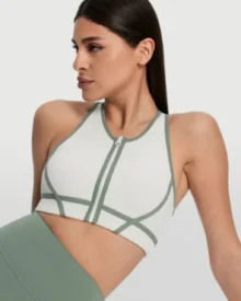 Zip Color Block Nude Sports Bra - White