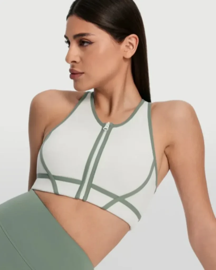 Zip Color Block Nude Sports Bra - White